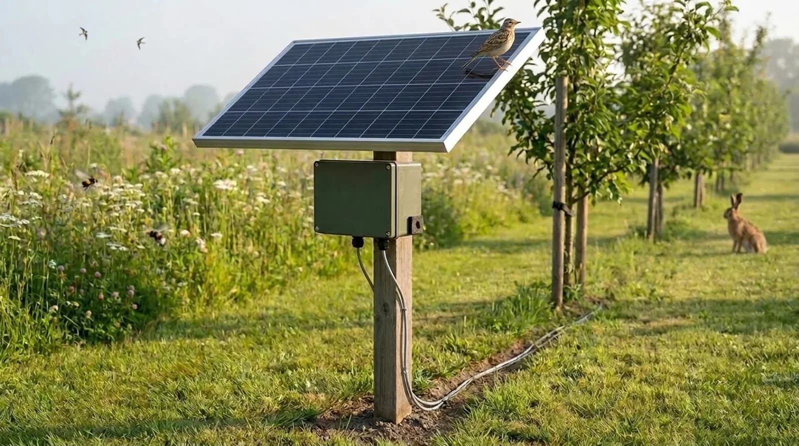 Impression of a Life Node among young trees: a small green box on a wooden post under a tilted solar panel, with a bird on the panel and a hare in the grass